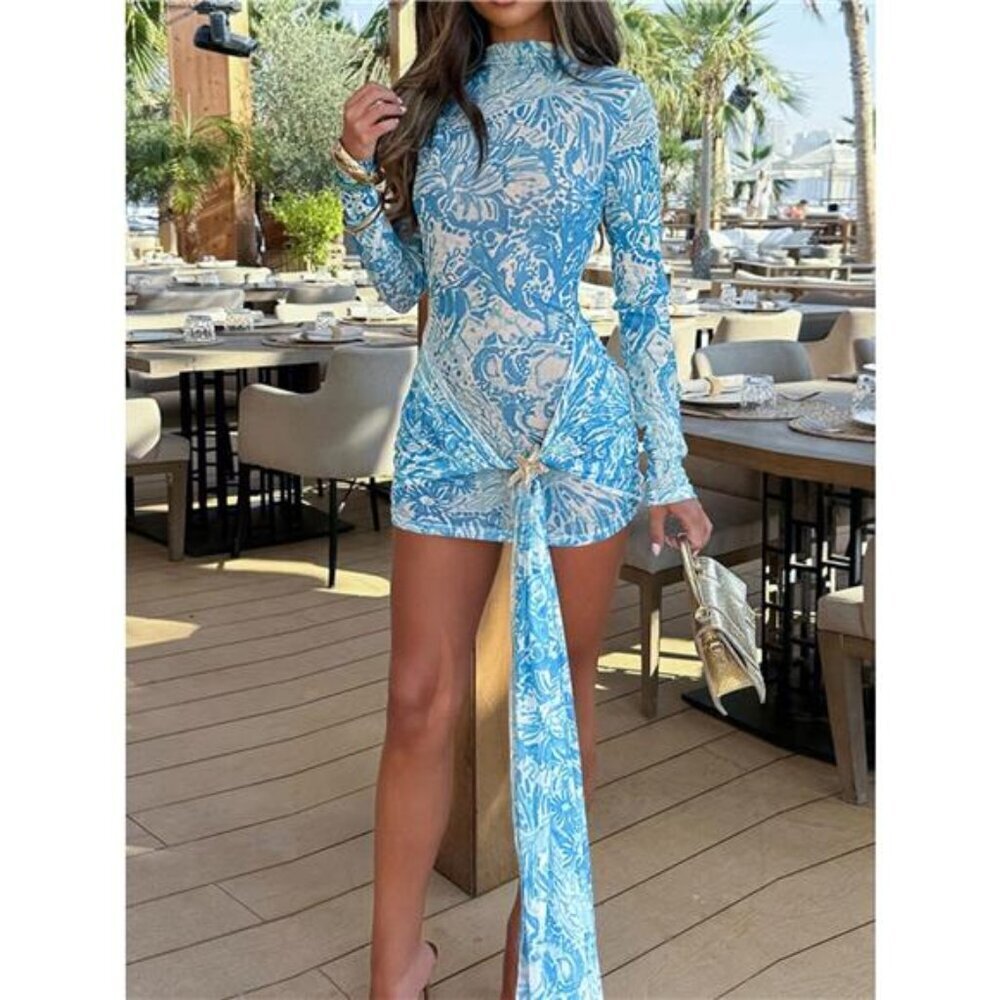 Printed Mock Neck Long Sleeve Mini Dress